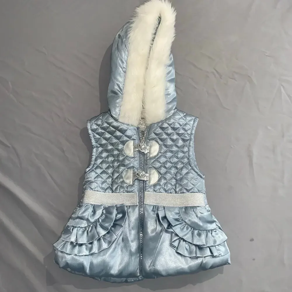 Little Lass Baby Girls Metallic Quilted Hooded Vest – Size 18M – Faux Fur Hood